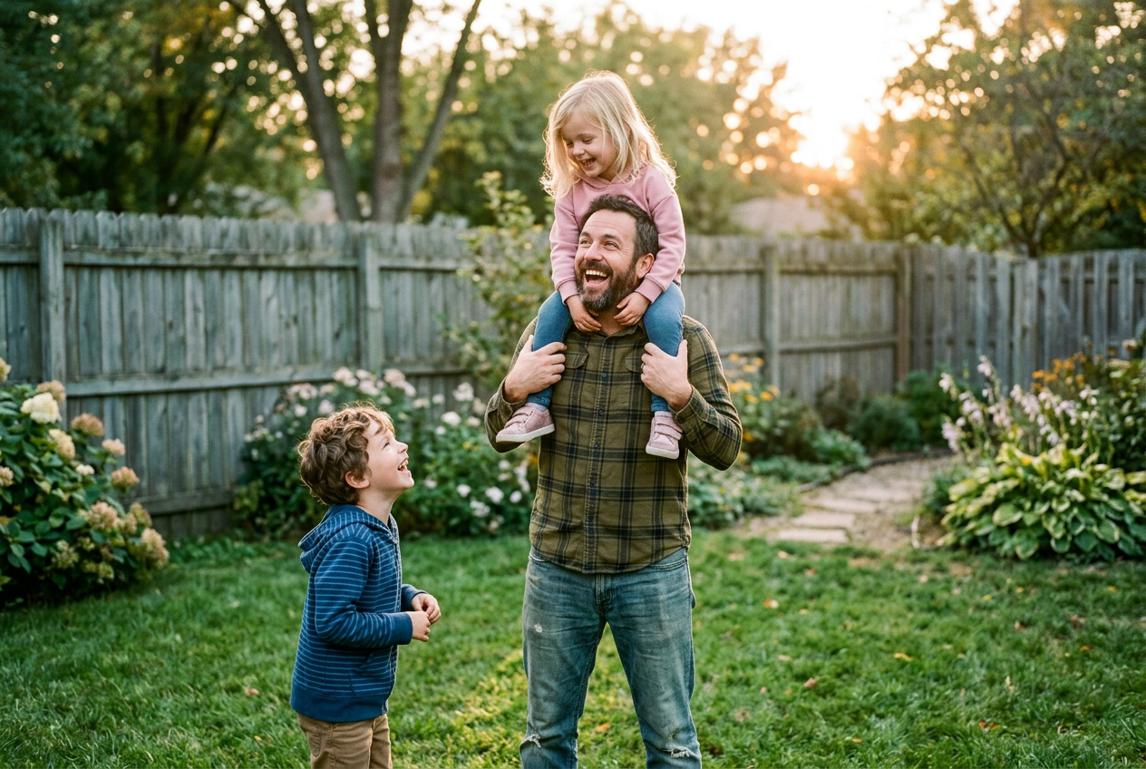 A family enjoying an afternoon together in their backyard