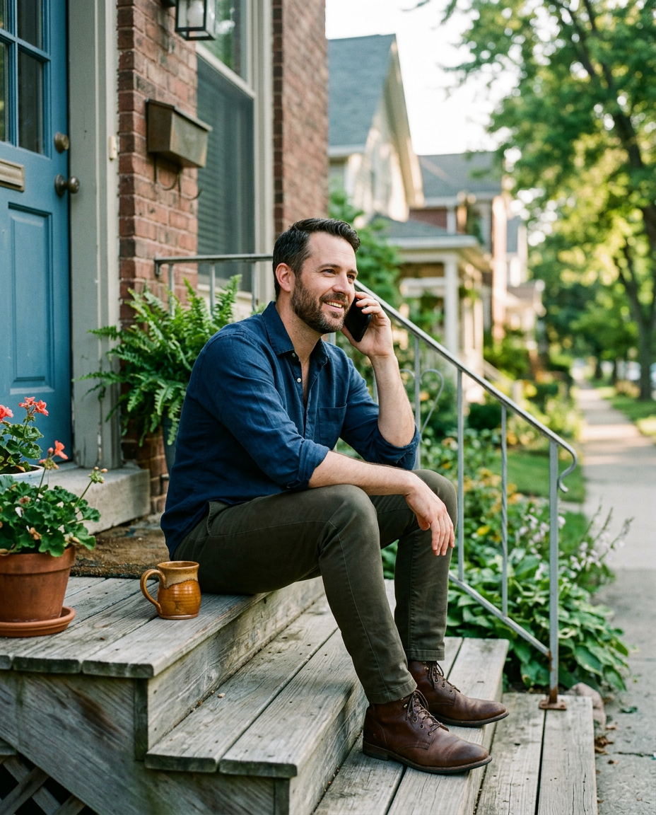 A man on a phone call on his front porch