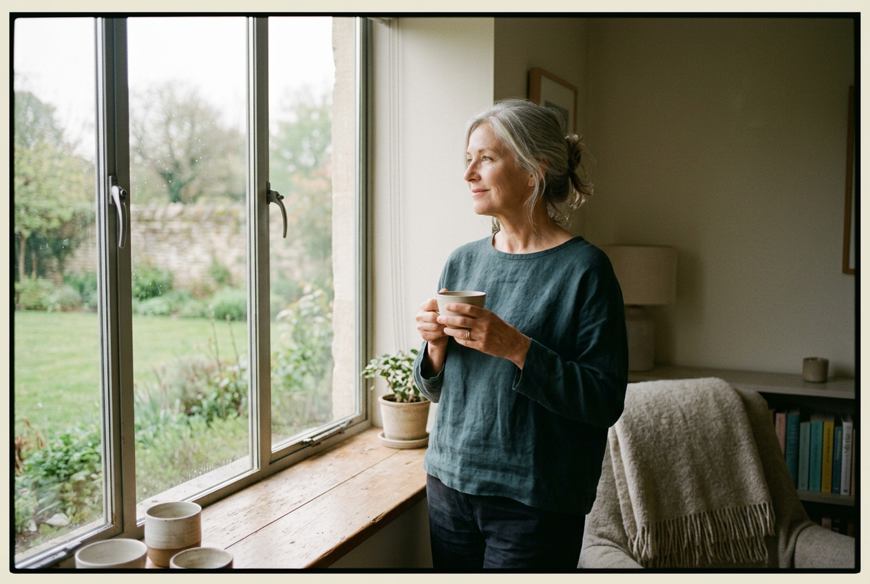 A person looking out a sunlit window, quietly thinking