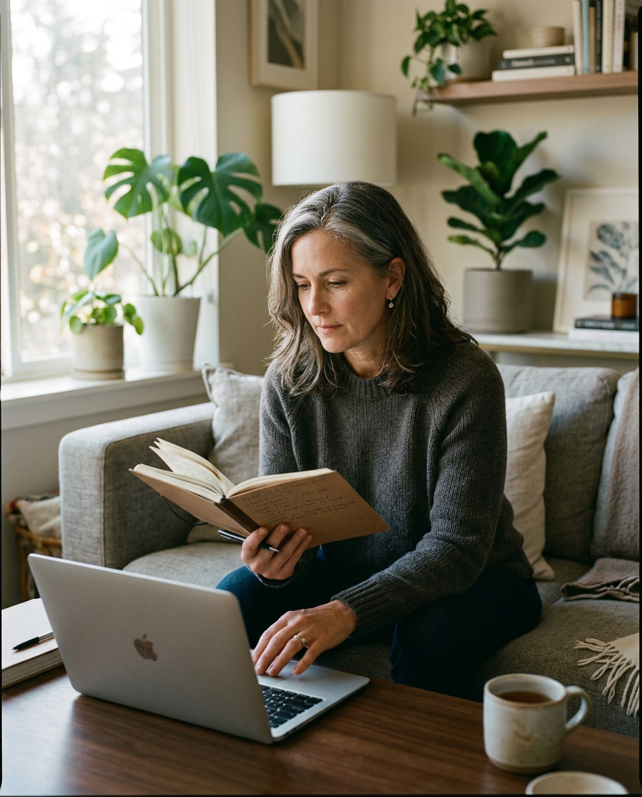 A woman reviewing paperwork calmly at a sunlit table